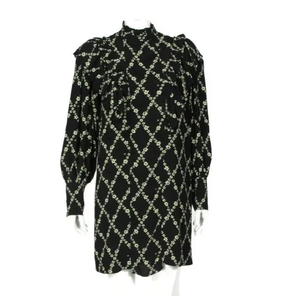 NWT GANNI Crepe Floral Print Mini Dress in Black Margarita Ruffle  sz 36 /655 - Picture 3 of 10